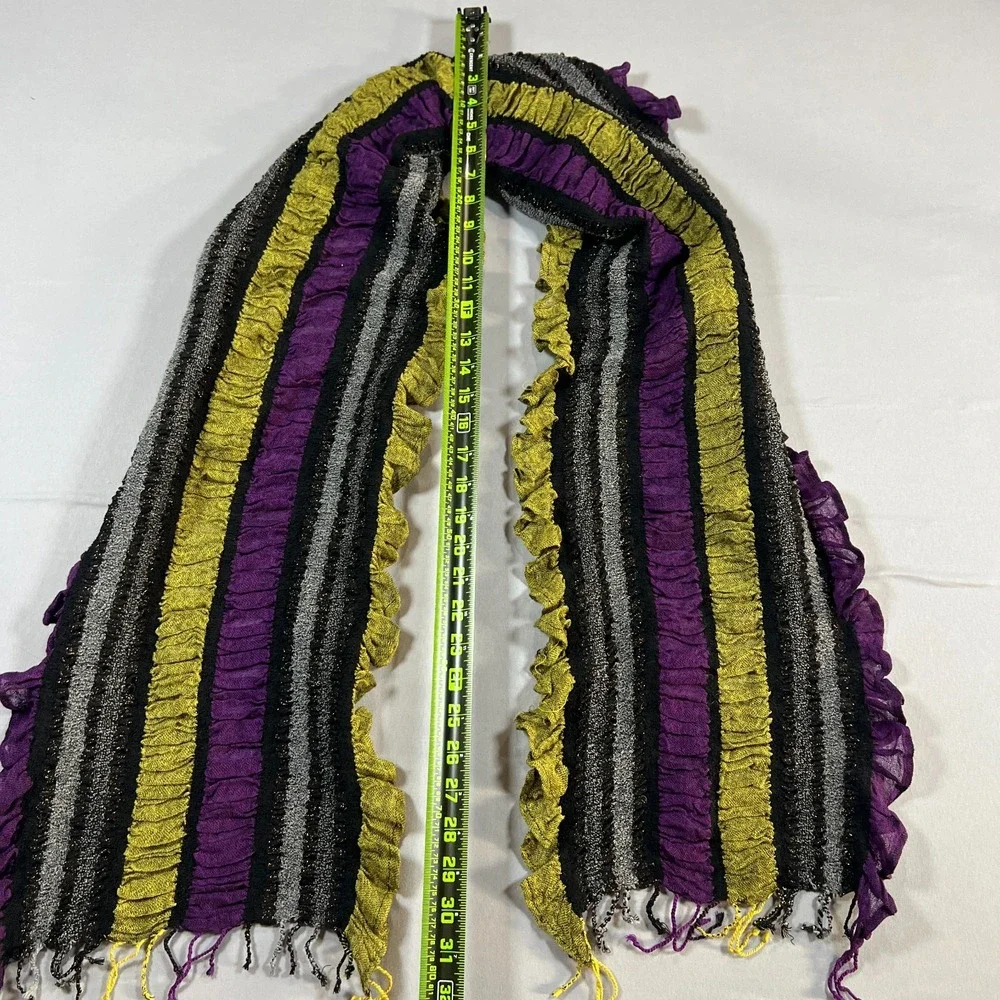 Boho Ruffle Scarf Multicolor Striped Metallic Knitted Crinkle Fringe Shawl Wrap